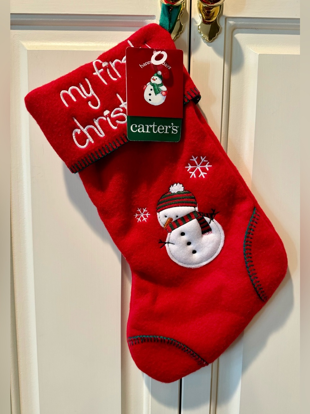 Baby’s My First Christmas Embroidered and Appliquéd Snowman Stocking by Carter’s